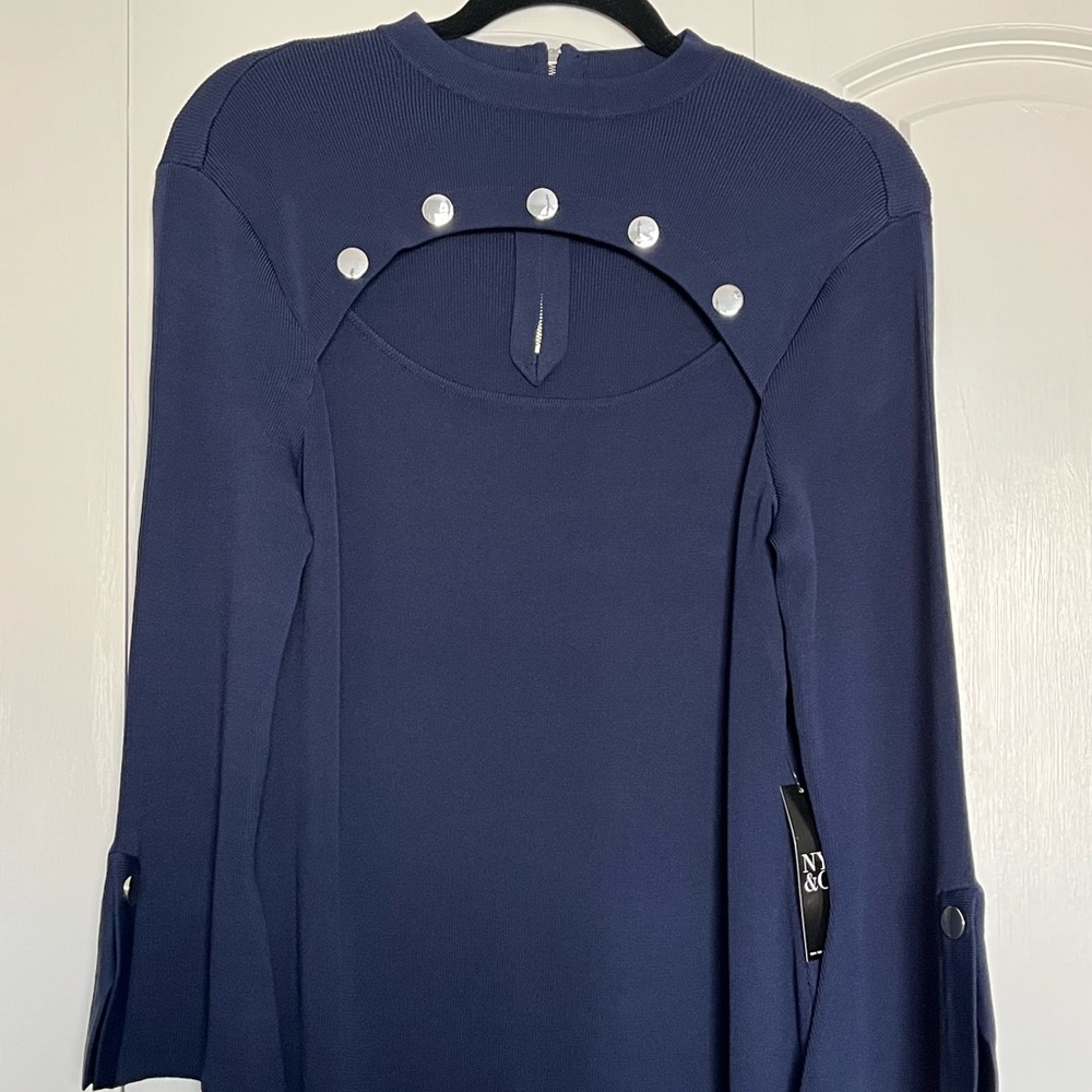 New York & Company Button-Detail Cut-Out Sweater Dress “Grand Sapphire” Color